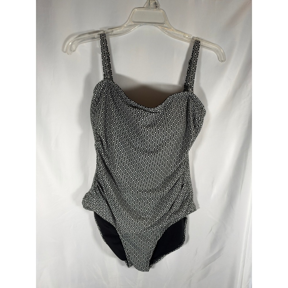 DKNY Womens XXL Black White Geometric Diamond Draped Cowl One Piece Swimsuit